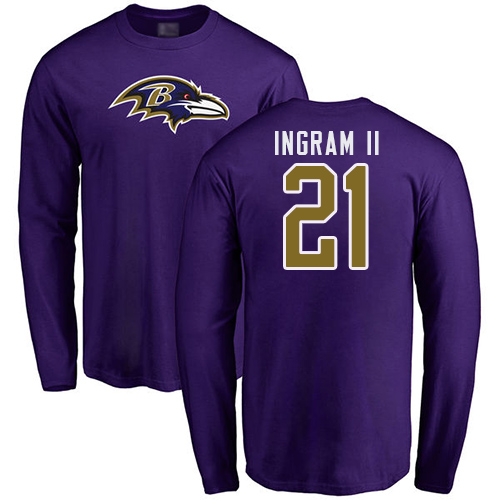 Men Baltimore Ravens Purple Mark Ingram II Name and Number Logo NFL Football #21 Long Sleeve T Shirt